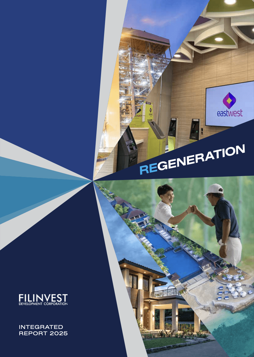 Cover image for Filinvest Integrated Report 2025 featuring a geometric collage of industries (energy, hospitality, real estate) converging toward a center starburst, with the word REGENERATION and Filinvest branding.